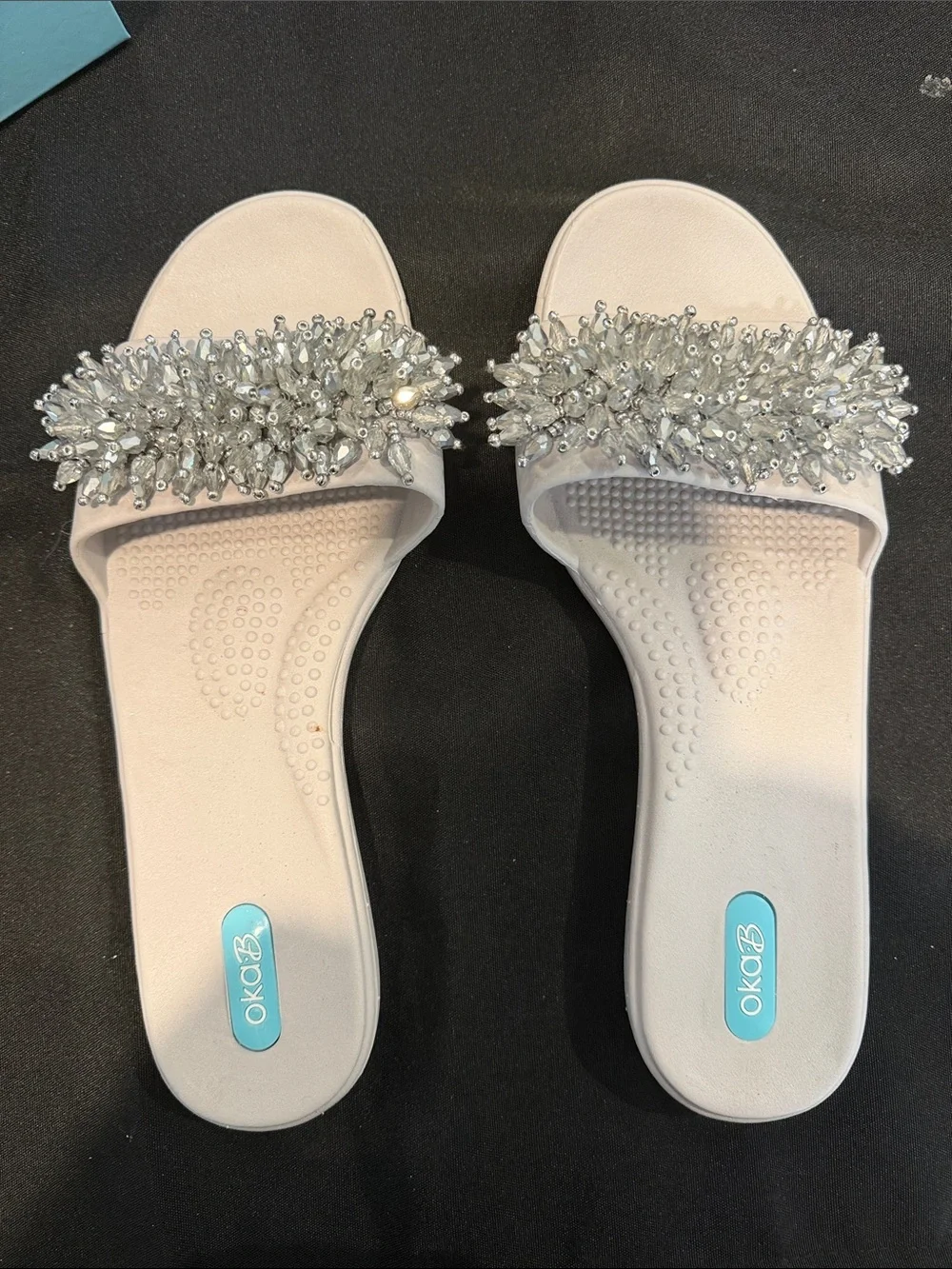 OKAb sandals  with acrylic “cubes” on the front